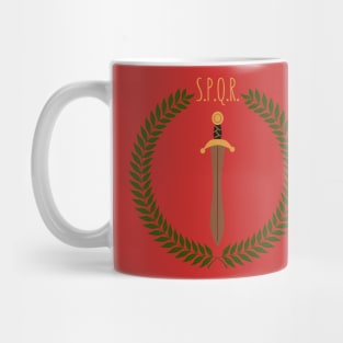 In this picture we see a laurel wreath. This is where the gladius is drawn and above it stands the acronym SPQR. Which means the Senate and people of Rome. Mug